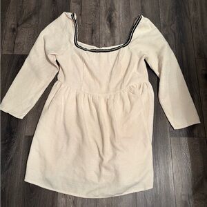 Tweed Cream Long Sleeve Dress with Black pearl Trim